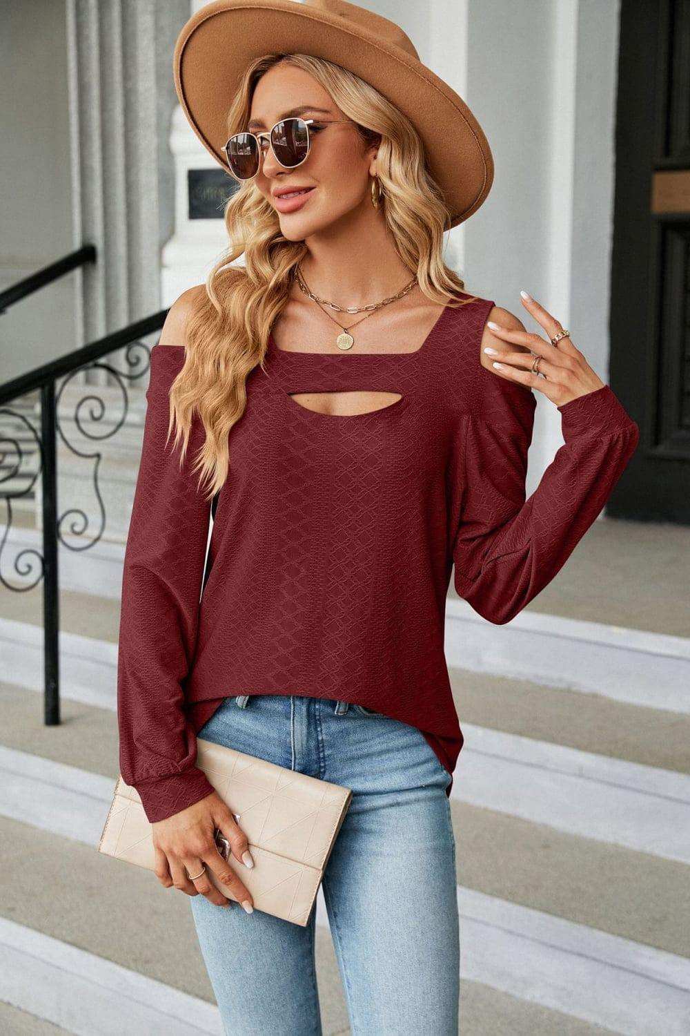Cold Shoulder Square Neck Cutout Blouse - Trendsi - Flyclothing LLC