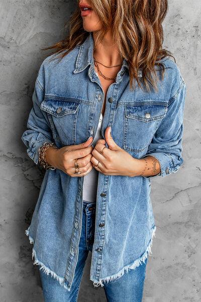 Button Up Pocketed Raw Hem Denim Jacket - Trendsi