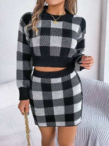 Plaid Round Neck Top and Skirt Sweater Set - Trendsi - Flyclothing LLC
