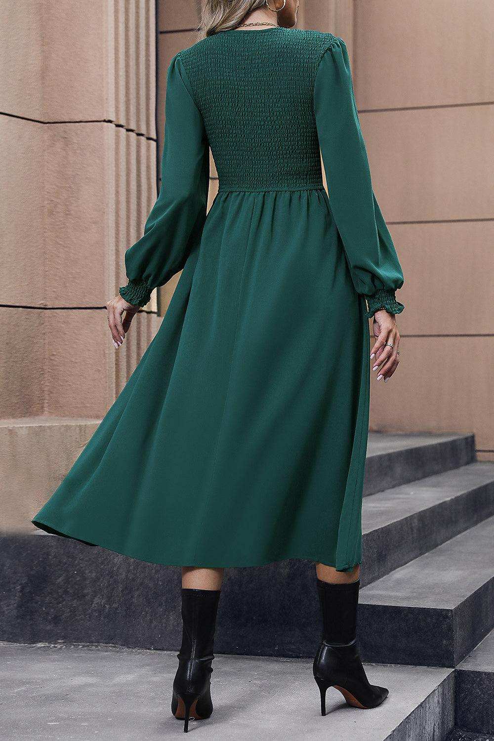 Smocked Long Sleeve Midi Dress - Trendsi - Flyclothing LLC