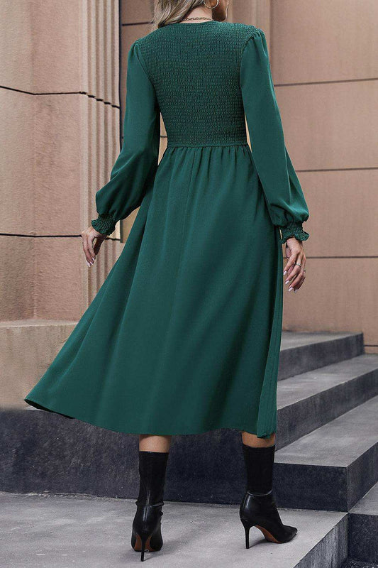 Smocked Long Sleeve Midi Dress - Trendsi - Flyclothing LLC