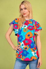 Floral Round Neck Tied Blouse - Trendsi