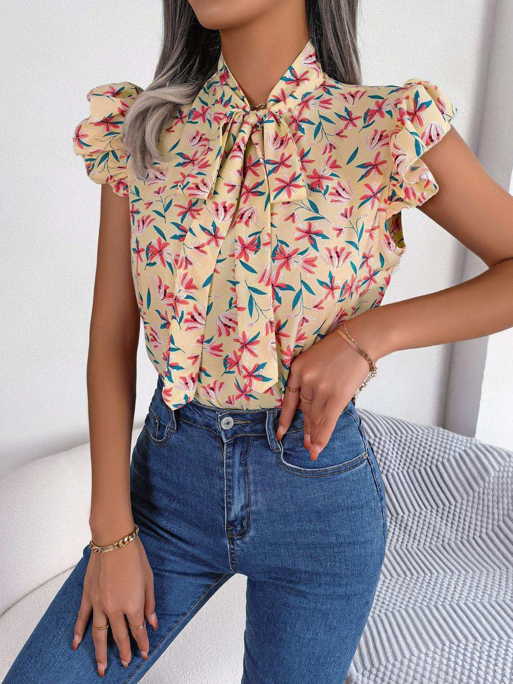 Floral Tie Neck Flutter Sleeve Blouse - Trendsi - Flyclothing LLC
