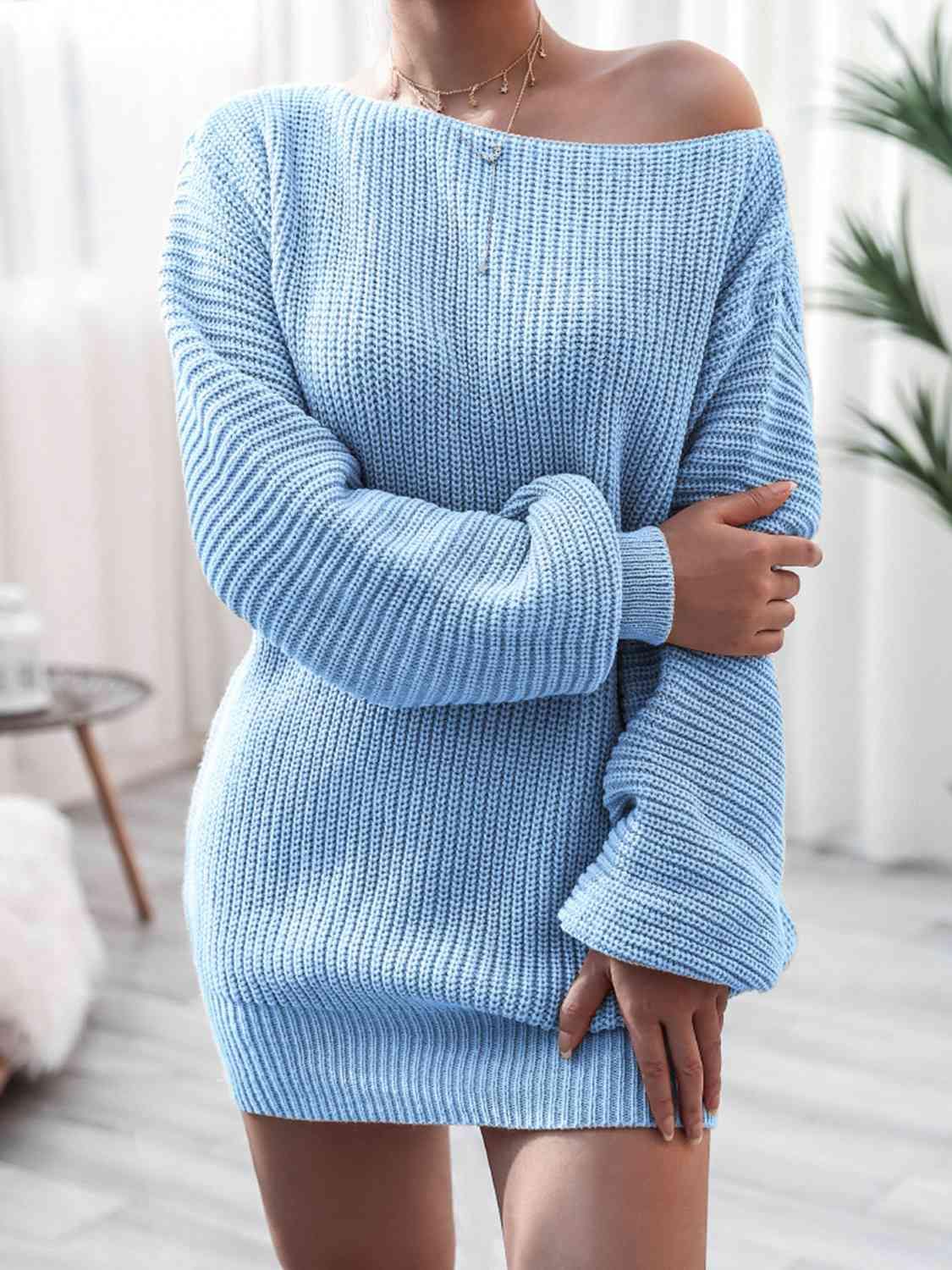 Rib-Knit Mini Sweater Dress - Trendsi