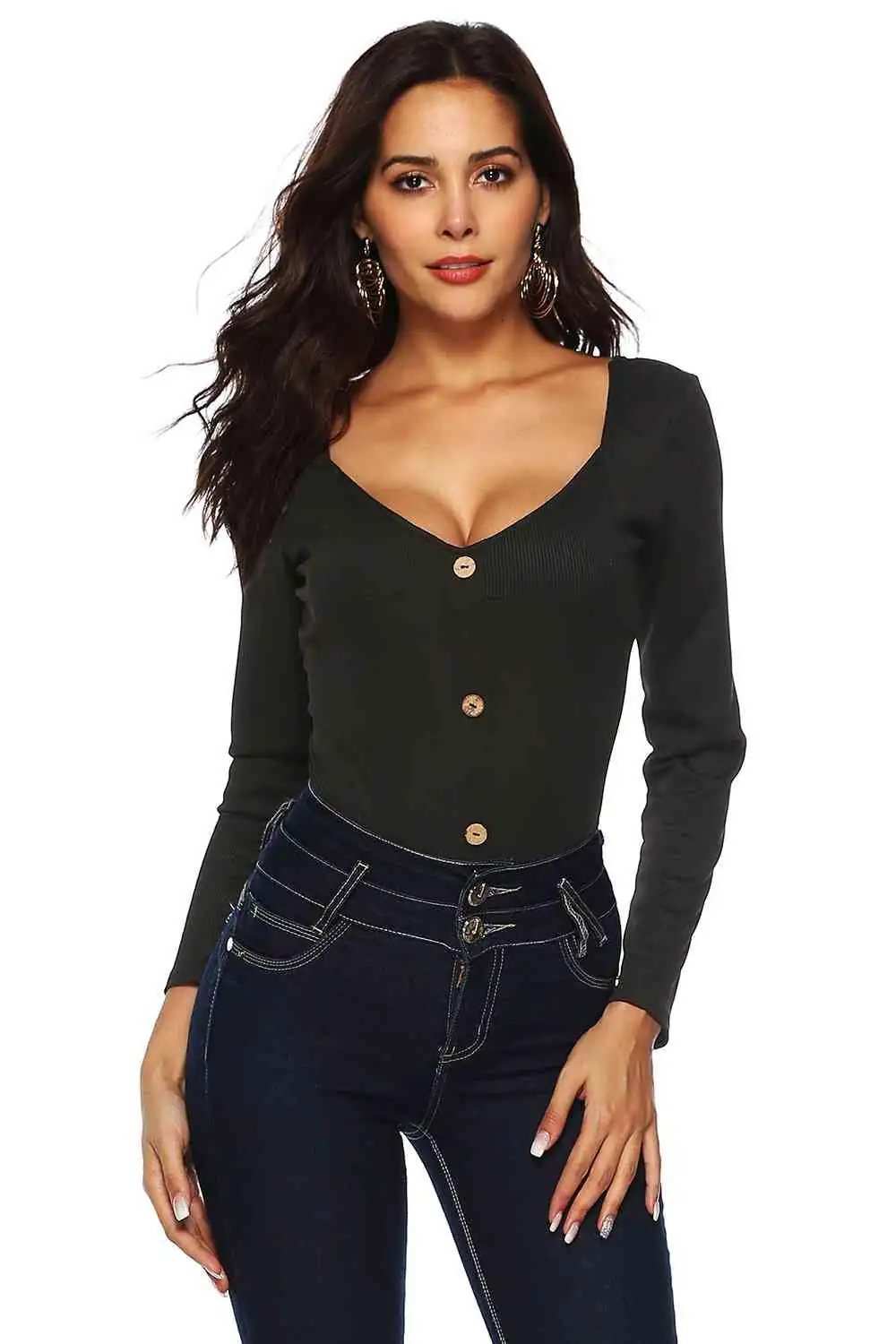 Button Detail Bodysuit - Trendsi - Flyclothing LLC