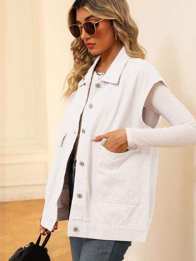 Pocketed Button Up Sleeveless Denim Jacket - Trendsi - Flyclothing LLC