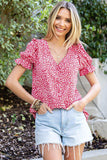 Printed Flounce Sleeve Plunge Blouse - Trendsi - Flyclothing LLC
