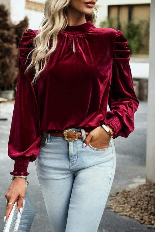 Tie Up Mock Neck Velvet Fabric Long Sleeve Blouse - Trendsi - Flyclothing LLC