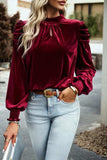 Tie Up Mock Neck Velvet Fabric Long Sleeve Blouse - Trendsi - Flyclothing LLC