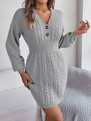 Buttoned Cable-Knit V-Neck Sweater Dress - Trendsi