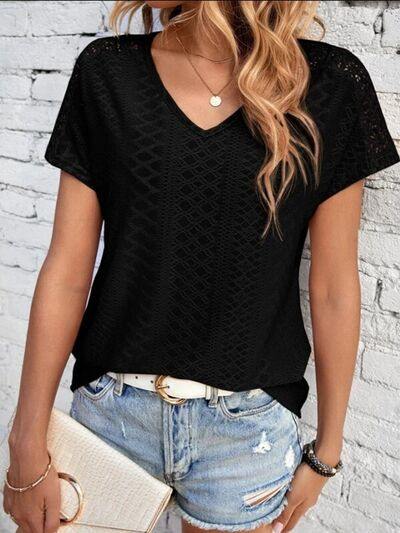 Eyelet V-Neck Short Sleeve T-Shirt - Trendsi