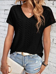 Eyelet V-Neck Short Sleeve T-Shirt - Trendsi