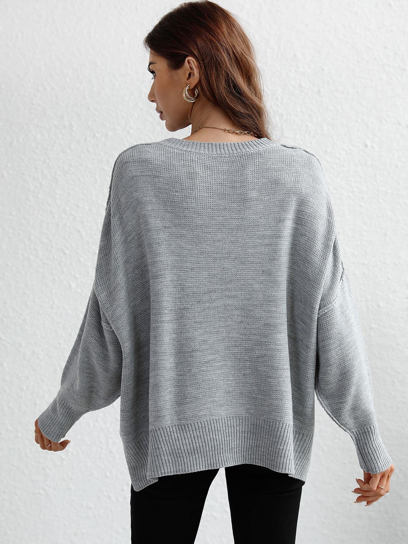 Exposed Seam Dropped Shoulder Slit Sweater - Trendsi
