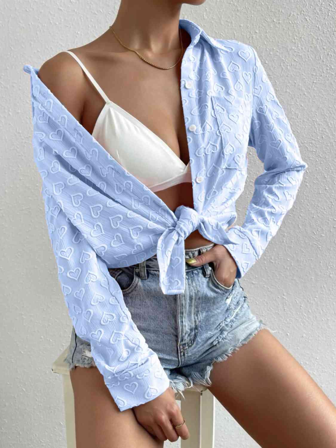 Heart Collared Neck Button Down Shirt - Trendsi