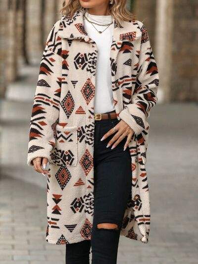 Geometric Pocketed Dropped Shoulder Coat - Trendsi - Flyclothing LLC
