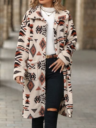 Geometric Pocketed Dropped Shoulder Coat - Trendsi
