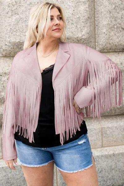 Plus Size Fringe Open Front Jacket - Trendsi - Flyclothing LLC