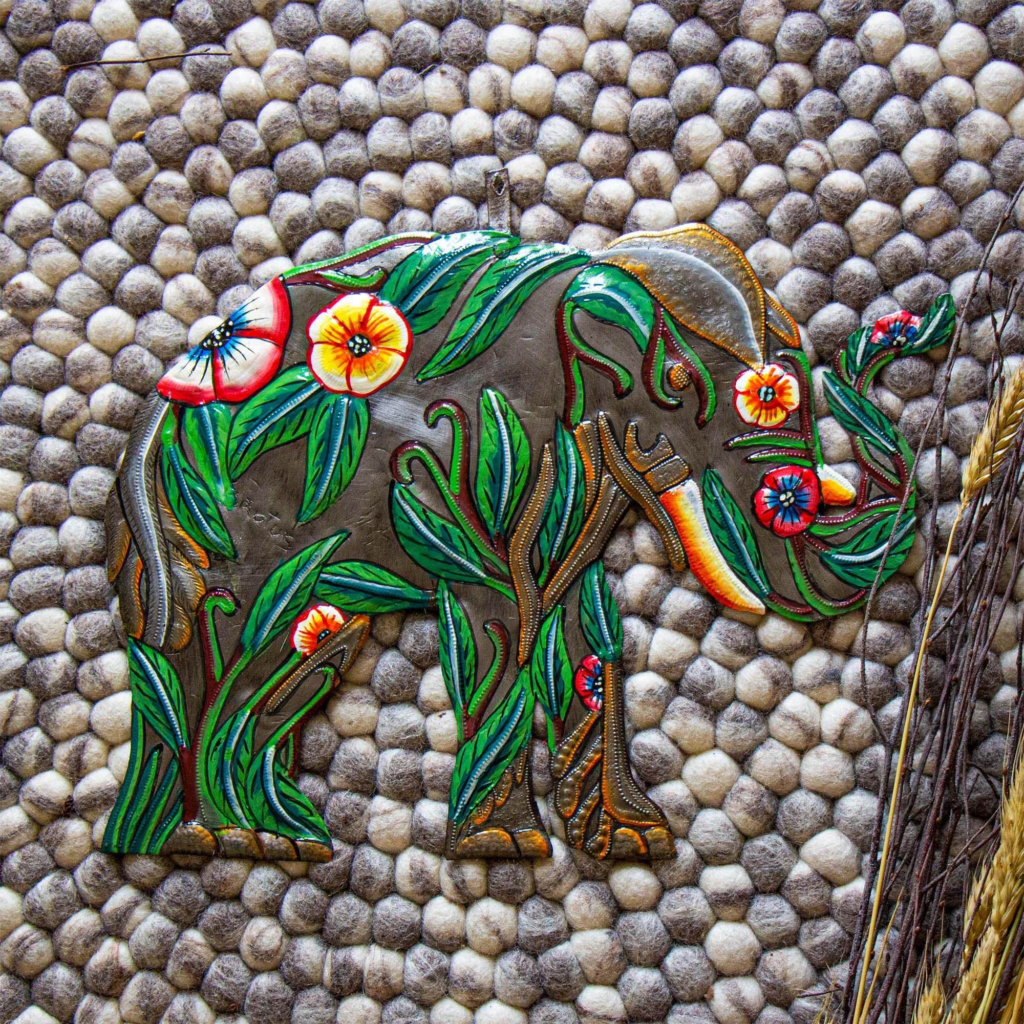 Hibiscus Elephant Haitian Metal Drum Art - Haitian Artisans