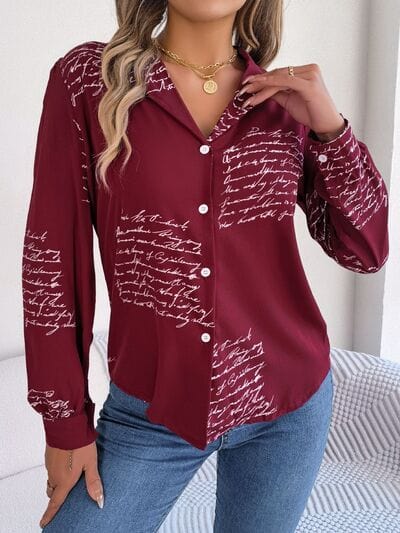 Letter Printed Button Up Long Sleeve Blouse - Trendsi