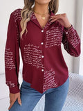 Letter Printed Button Up Long Sleeve Blouse - Trendsi