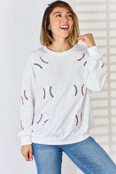 Sequin Ball Round Neck Dropped Shoulder Sweatshirt - Trendsi - Flyclothing LLC