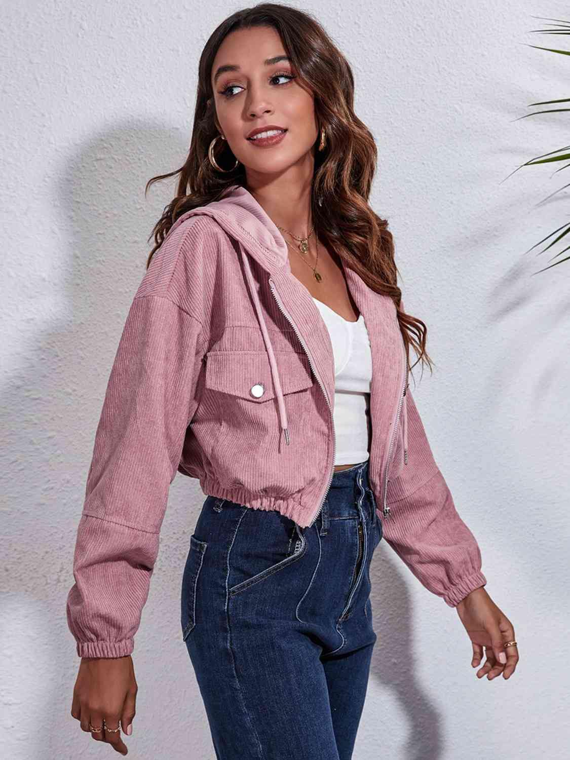 Drawstring Hooded Zip Up Jacket with Pockets - Trendsi