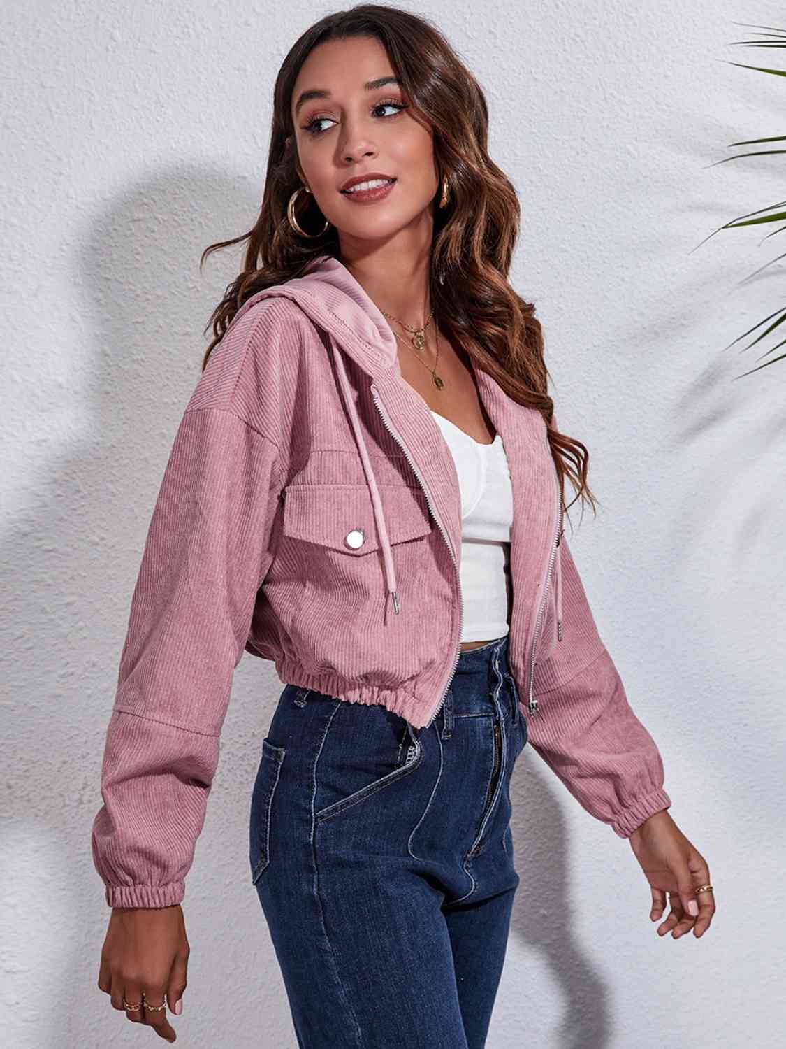 Drawstring Hooded Zip Up Jacket with Pockets - Trendsi - Flyclothing LLC