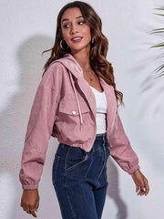 Drawstring Hooded Zip Up Jacket with Pockets - Trendsi