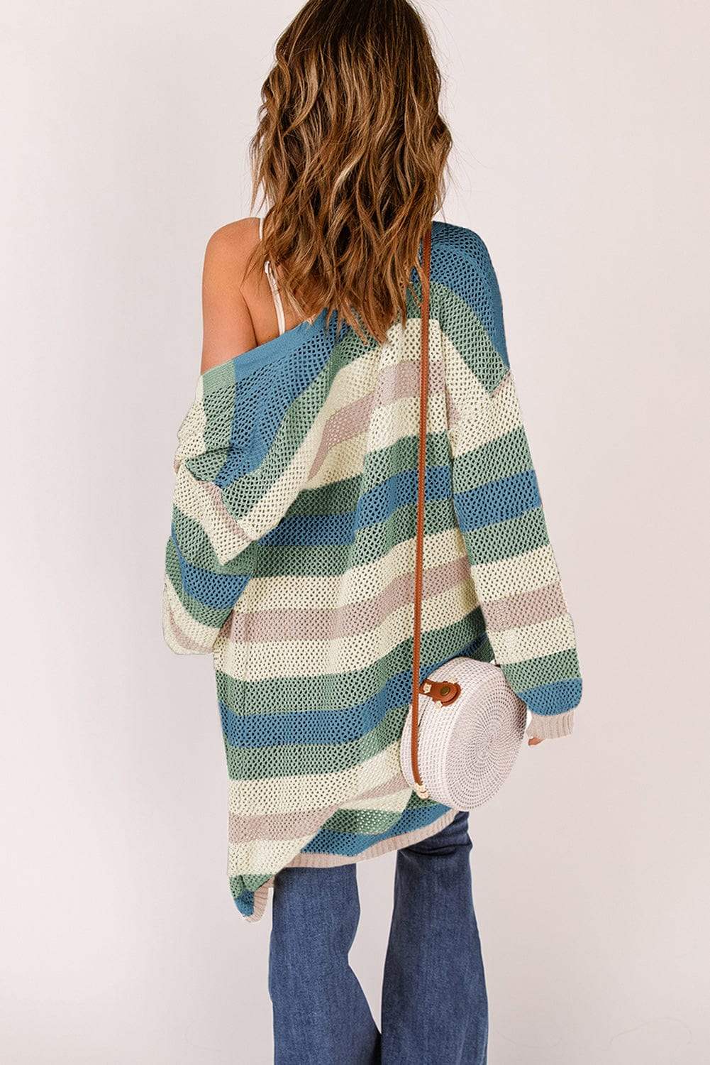 Full Size Striped Long Sleeve Openwork Cardigan - Trendsi - Flyclothing LLC