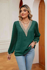 Swiss Dot Contrast V-Neck Blouse - Trendsi - Flyclothing LLC