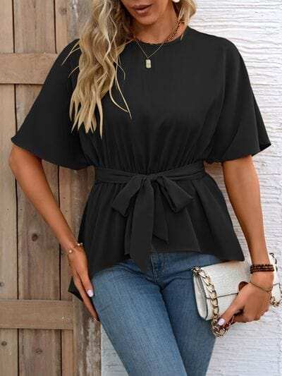 Tied Round Neck Half Sleeve Blouse - Trendsi - Flyclothing LLC