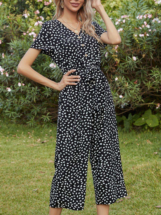 Printed V-Neck Short Sleeve Jumpsuit - Trendsi - Flyclothing LLC