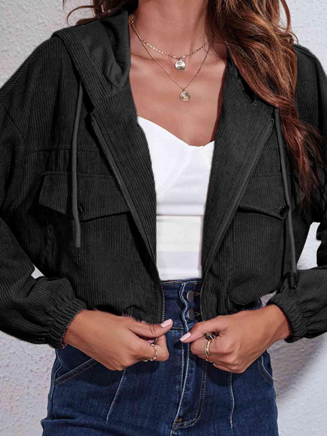 Drawstring Hooded Zip Up Jacket with Pockets - Trendsi
