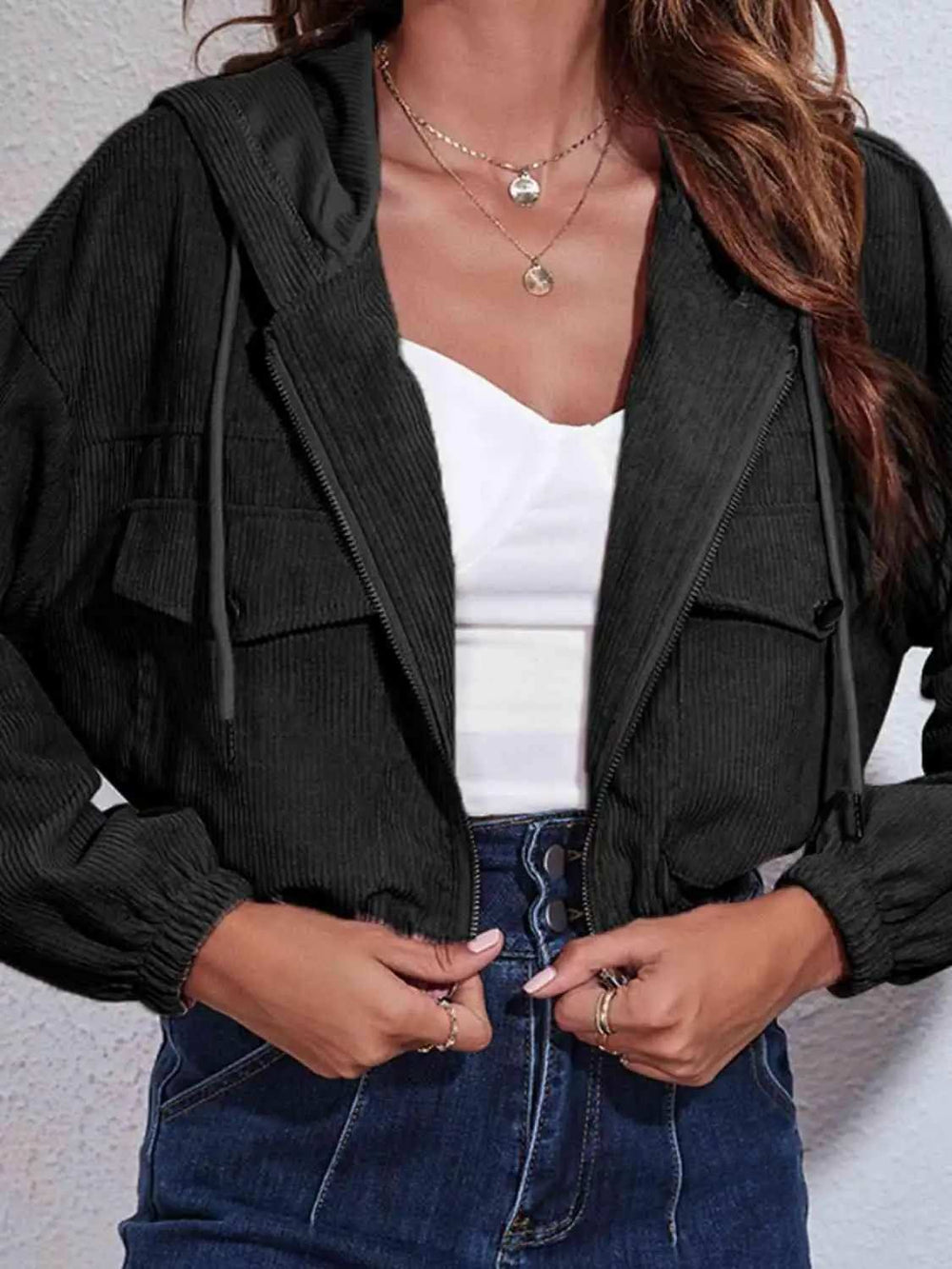 Drawstring Hooded Zip Up Jacket with Pockets - Trendsi - Flyclothing LLC