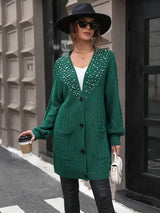 Pearl Detail Cable-Knit Button Up Cardigan - Trendsi - Flyclothing LLC