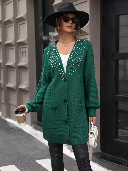 Pearl Detail Cable-Knit Button Up Cardigan - Trendsi - Flyclothing LLC