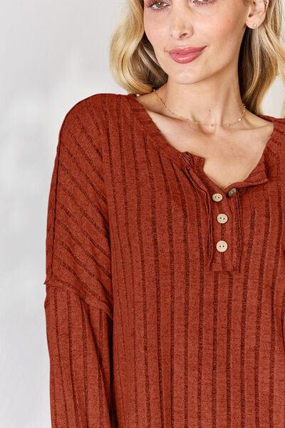 Basic Bae Full Size Ribbed Half Button Long Sleeve T-Shirt - Trendsi