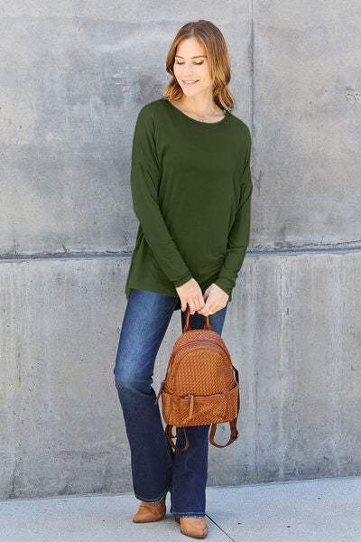 Basic Bae Full Size Round Neck Dropped Shoulder T-Shirt - Trendsi - Flyclothing LLC