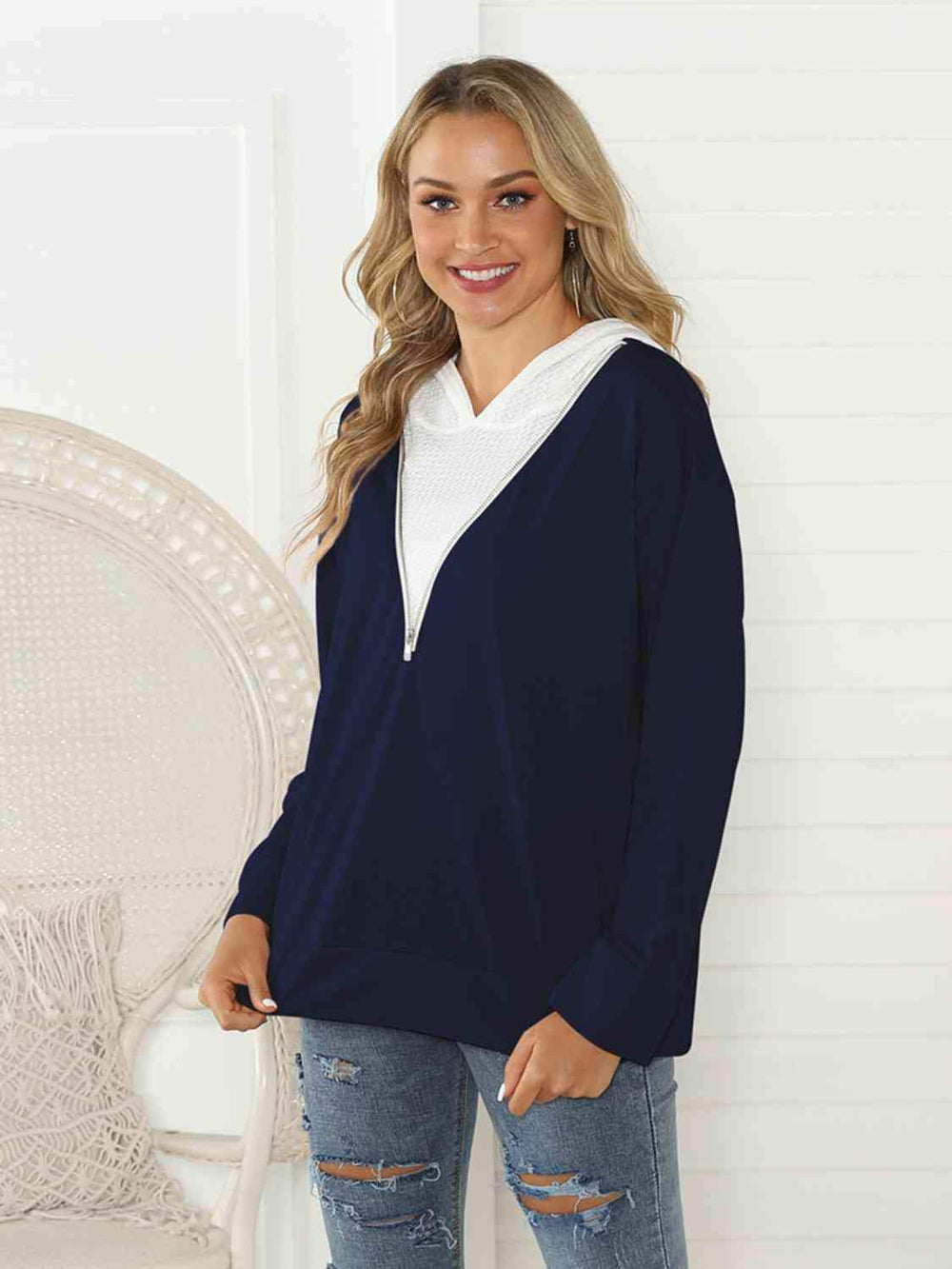 Contrast Zip Detail Hoodie - Trendsi - Flyclothing LLC