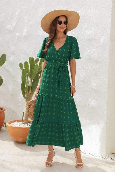 Swiss Dot Tied Surplice Short Sleeve Dress - Trendsi - Flyclothing LLC