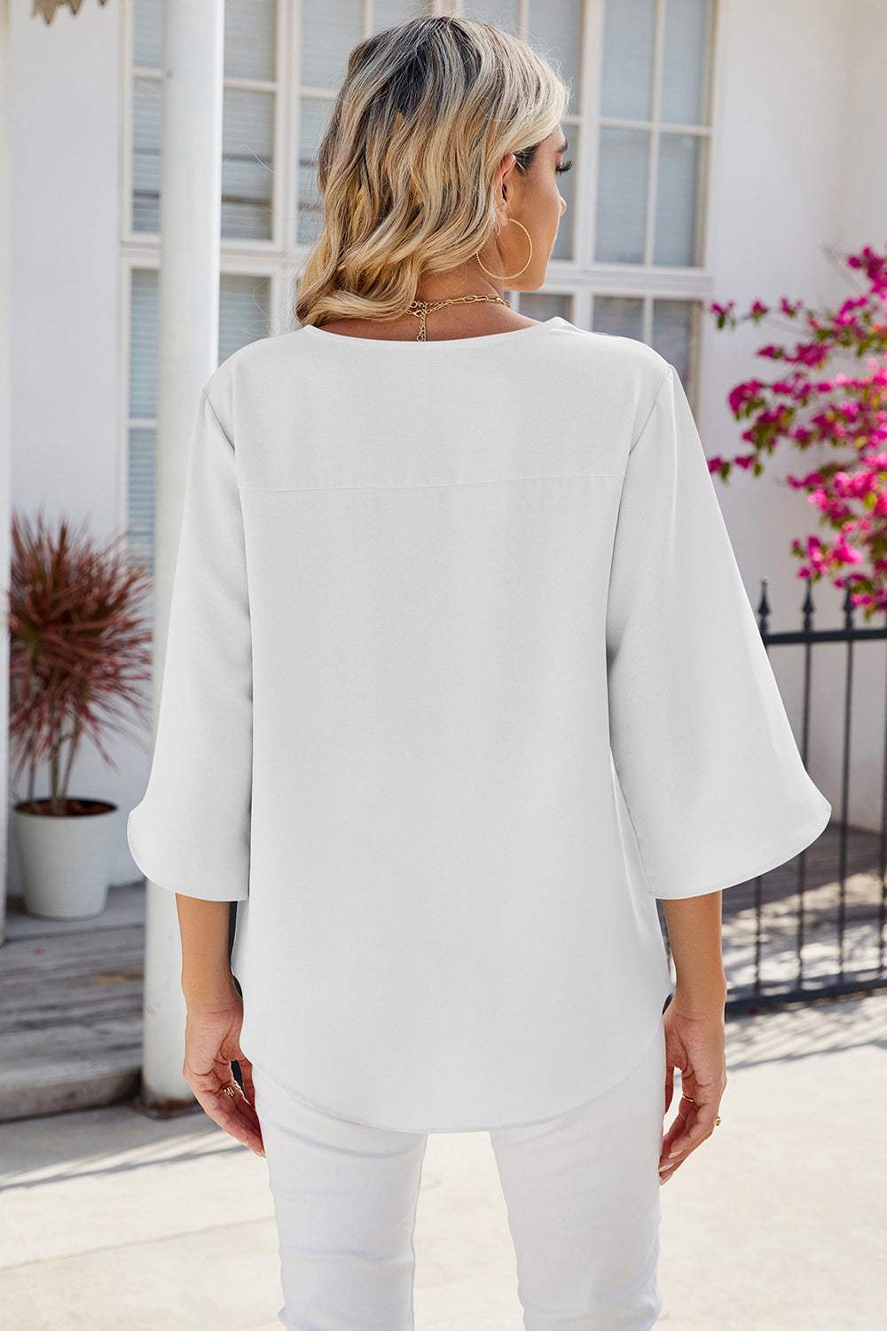 V-Neck Three-Quarter Sleeve Top - Trendsi - Flyclothing LLC