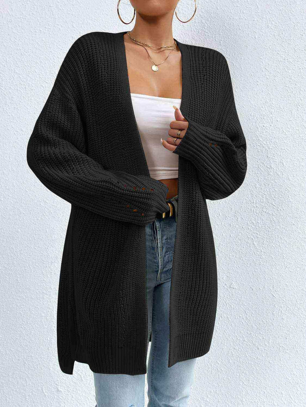 Open Front Dropped Shoulder Slit Cardigan - Trendsi - Flyclothing LLC