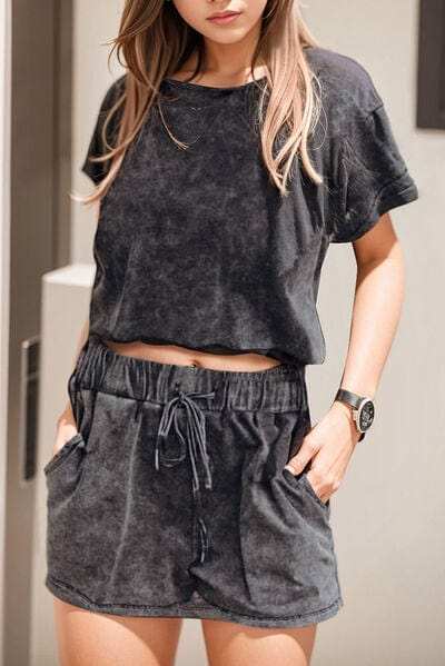 Heathered Round Neck Top and Shorts Lounge Set - Trendsi - Flyclothing LLC