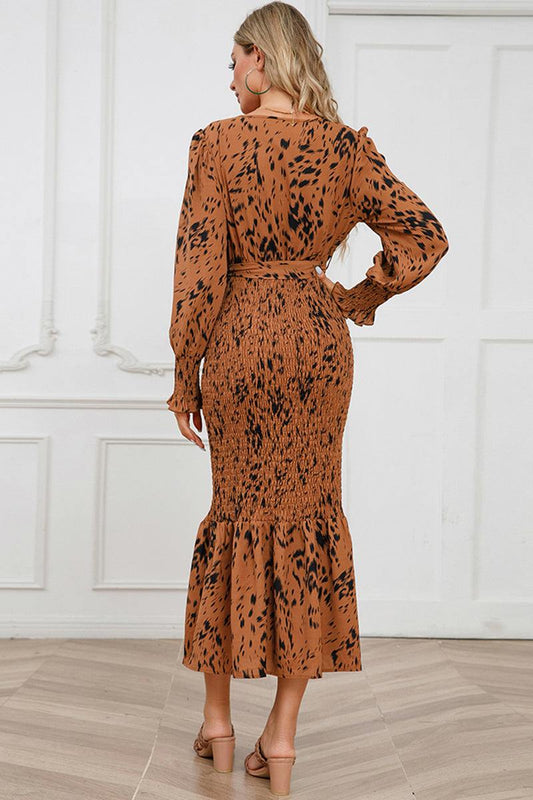 Printed V-Neck Smocked Midi Dress - Trendsi