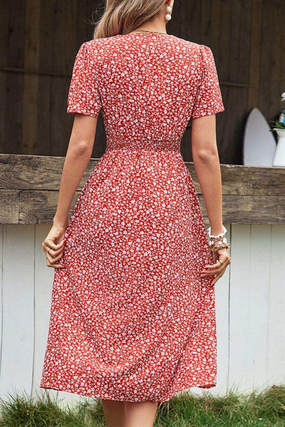 Ditsy Floral Button Front Tied Puff Sleeve Dress - Trendsi - Flyclothing LLC