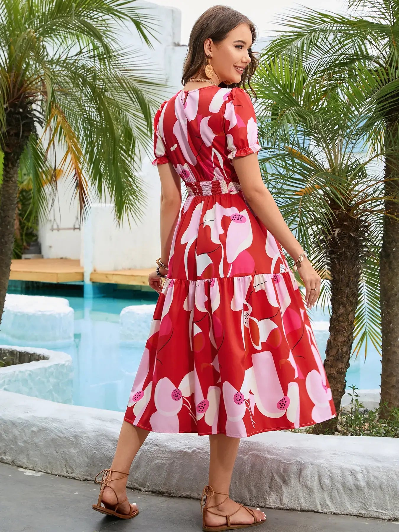 Printed Round Neck Flounce Sleeve Midi Dress - Trendsi - Flyclothing LLC