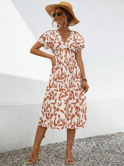 Printed V-Neck Short Sleeve Dress - Trendsi - Flyclothing LLC