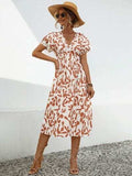 Printed V-Neck Short Sleeve Dress - Trendsi - Flyclothing LLC