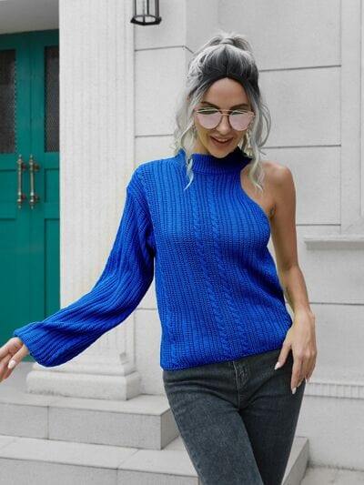 Cable-Knit Round Neck Asymmetrical Sweater - Trendsi