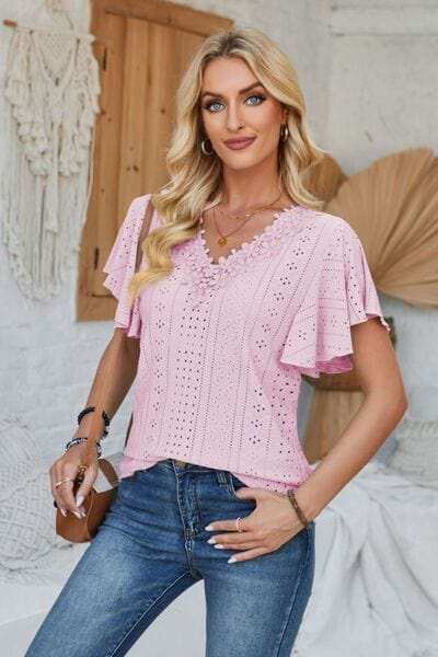 Eyelet Applique V-Neck Cap Sleeve T-Shirt - Trendsi - Flyclothing LLC